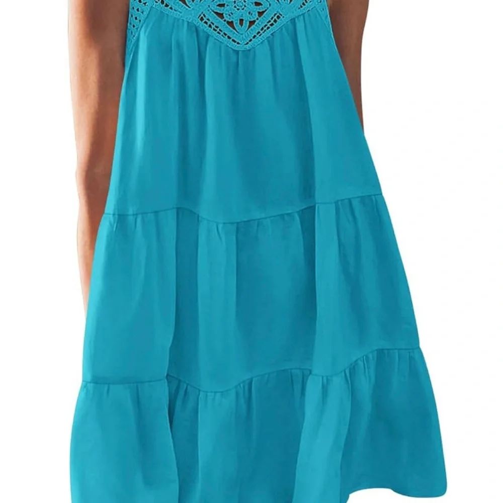 Crochet Yoke Sleeveless Summer Dress - Turquoise - Picture 3 of 4
